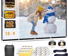 FREE EXPRESS SHIPPING Projector Screen 100 Inch, Portable Projector Screen with 16:9 HD 4K Screen for School Home Theatre Cinema Office, Foldable Projector Screen - 227cm(W) X 130cm(H) Matte White Widescreen (110)