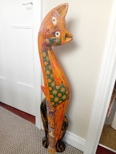 Vintage Indonesian folk art tall wooden cat sculpture