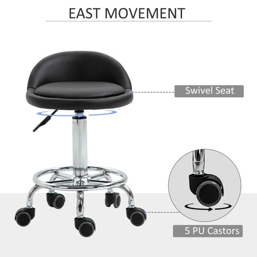 Set of 2 360 swivel rolling stools, seat adjustable 47-62H cm, chrome steel black synthetic upholstery