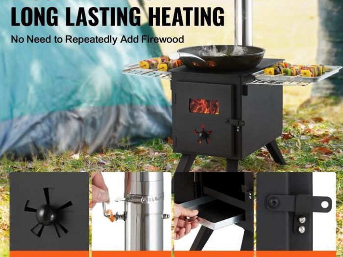 Wood Stove Alloy Steel Camping Tent Stove Portable Wood Burning Stove with Chimney Pipes & Gloves with 8 Pipes