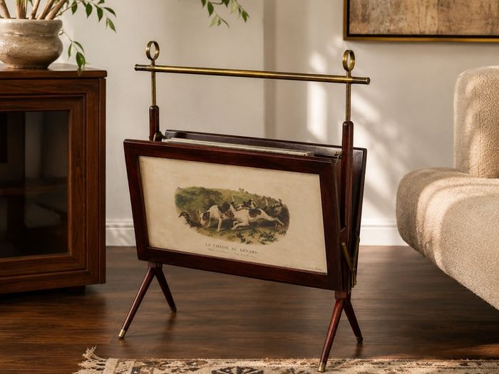 Vintage Italian Mahogany  Brass Magazine Rack attributed to Ico Parisi 1950s