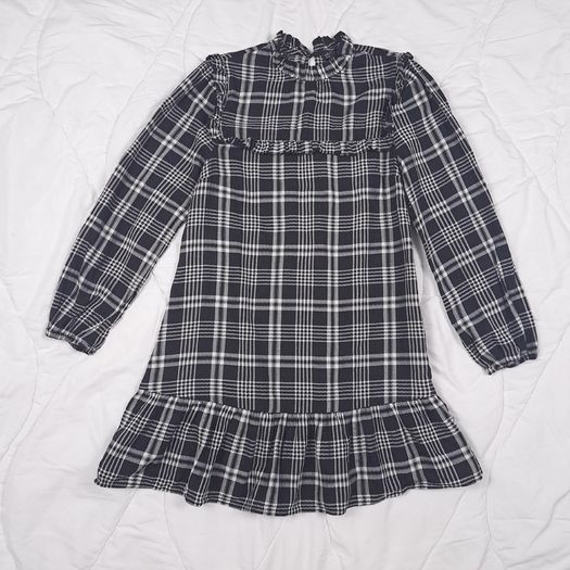 Nobody's Child Black White Plaid Checkered Ruffle High Neck Long Sleeve Mini Dress 10UK/38EU
