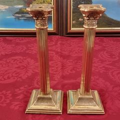 Pair Antique And Shiny Solid Brass Art Deco Ornate Corinthian Column Candlestick Holder
