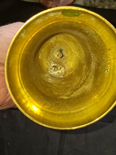 Vintage Brass School Bell with a turned wooden handle and a ring shaped top