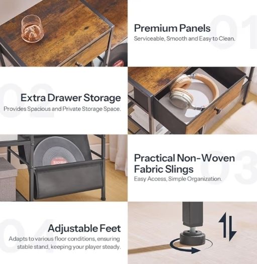 End Table with Vinyl Storage, 4 Tier Vinyl Record Storage, Side Table with Open Shelves, Turntable Stand for Living Room, Media Room, Rustic Brown