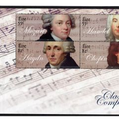 2009 Ireland Classical Composers Commentative Stamp Booklet Pane featuring Handel, Mozart, Choplin & Haydin Mint Never Hinged (MNH). Hibernian HP187c
