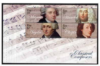 2009 Ireland Classical Composers Commentative Stamp Booklet Pane featuring Handel, Mozart, Choplin & Haydin Mint Never Hinged (MNH). Hibernian HP187c