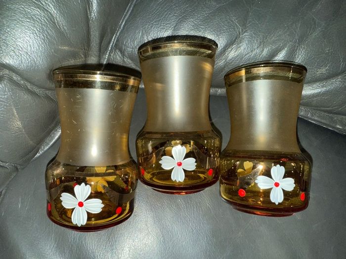 Vintage 3 Gilded Cherry Goblets. Bohemian Glass. Czechoslovakia