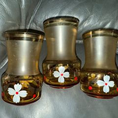 Vintage 3 Gilded Cherry Goblets. Bohemian Glass. Czechoslovakia