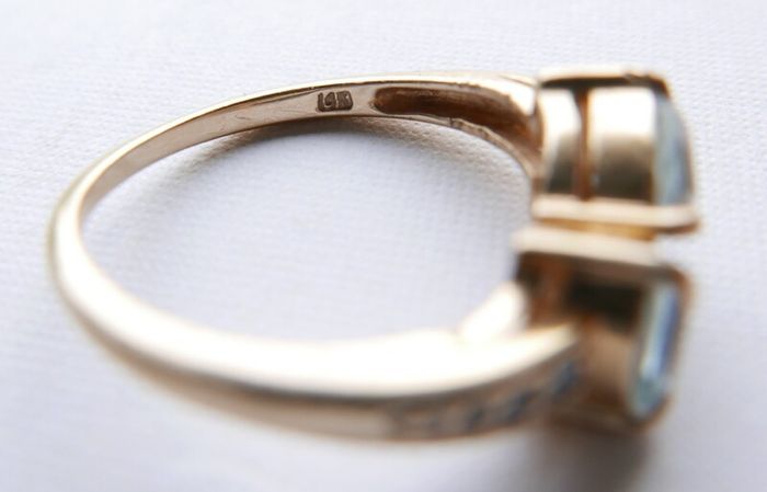 Vintage Solid 14k Gold Aquamarines And Diamonds Ring Size O - 3,35g