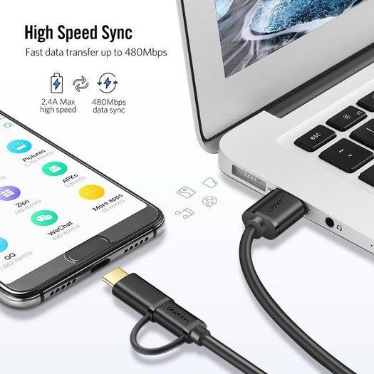 Ugreen 1M 2-in-1 (USB-C & Micro USB) QC 3.0 Fast Charger & Data Sync Gold Plated Cable (Brand New/Warranty)