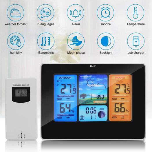 Weather Stations Wireless Indoor Outdoor with Alert and Temperature/Humidity/Barometric/Forecast/Moon Phase/Alarm Clock, LCD Digital Weather Station with Outdoor Sensor for Home Office (Black)