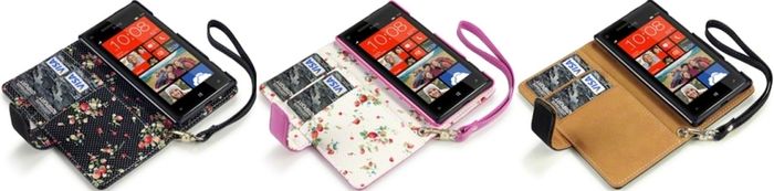 New Htc Windows Phone 8x Premium Pu Leather Wallet Black & Hot Pink  With Floral Interior / Black With Tan Inside