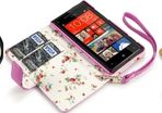 New Htc Windows Phone 8x Premium Pu Leather Wallet Black & Hot Pink  With Floral Interior / Black With Tan Inside