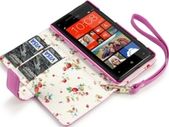 New Htc Windows Phone 8x Premium Pu Leather Wallet Black & Hot Pink  With Floral Interior / Black With Tan Inside
