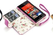 New Htc Windows Phone 8x Premium Pu Leather Wallet Black &amp; Hot Pink  With Floral Interior / Black With Tan Inside