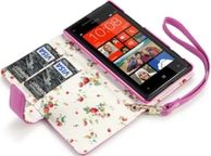 main image for ad New Htc Windows Phone 8x Premium Pu Leather Wallet Black &amp; Hot Pink  With Floral Interior / Black With Tan Inside
