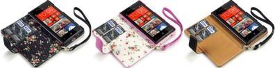 New Htc Windows Phone 8x Premium Pu Leather Wallet Black & Hot Pink  With Floral Interior / Black With Tan Inside