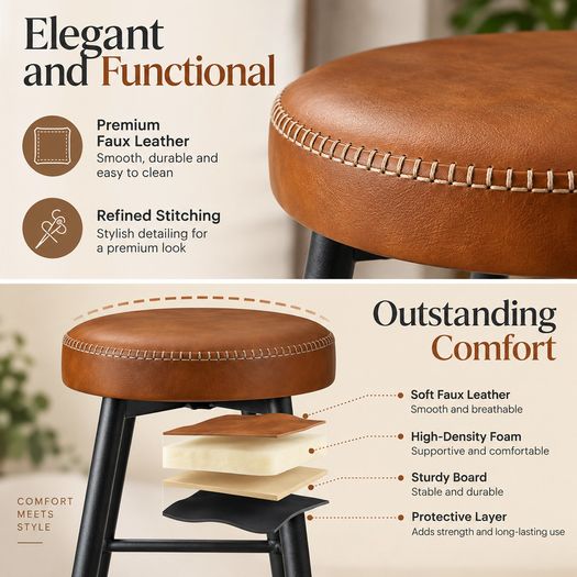 Set of 2 Swivel Bar Stools Brown Faux Leather & Black Steel