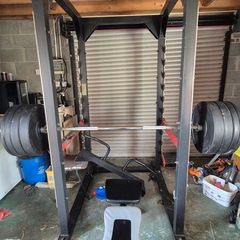 BODY IMAGE Power cage/Squat rack with Olympic bar bumper plates and adjustable bench