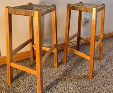 Pair of Vintage Solid Oak Counter-Height Stools with Handwoven Rush Seats