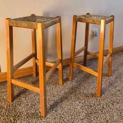 Pair of Vintage Solid Oak Counter-Height Stools with Handwoven Rush Seats