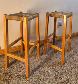 Pair of Vintage Solid Oak Counter-Height Stools with Handwoven Rush Seats