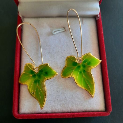 Green Ivy Leaf Earrings, Enameled Botanical Drop Earrings, Nature Inspired Jewelry, Gold Tone Leaf Dangle Earrings