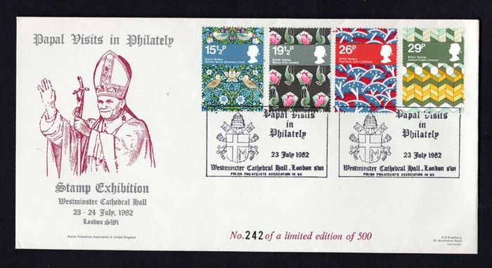 1982 Great Britain British Textiles Commemorative stamps Limited edition First Day Cover with Cancel noting Papal Visits in Philately from Westminster Cathedral Hall, London issued by Polish Philatelist Association  in UK
