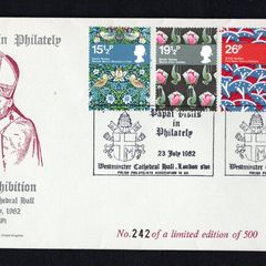 1982 Great Britain British Textiles Commemorative stamps Limited edition First Day Cover with Cancel noting Papal Visits in Philately from Westminster Cathedral Hall, London issued by Polish Philatelist Association  in UK