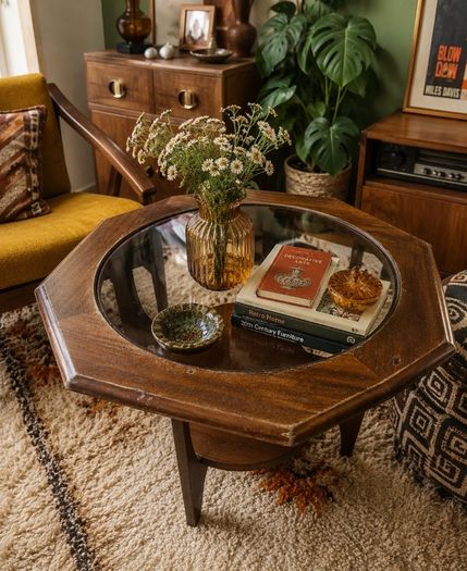 Mid Century Octagonal Coffee Table with Glass Top