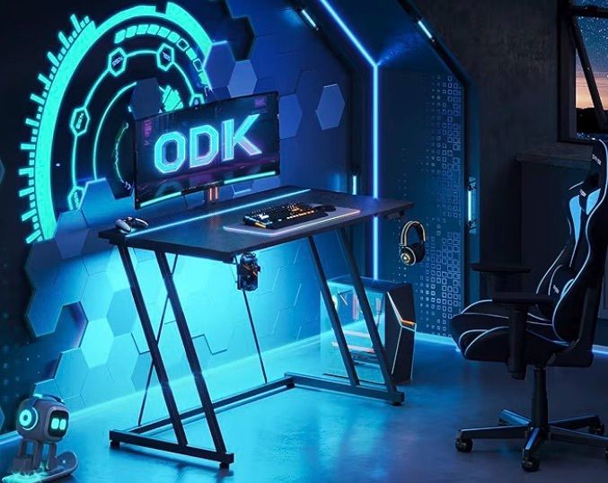 Gaming Table with Cup Holder and Headphone Hook, Double Z Frame Design Computer Desk Carbon Fiber Black 80 cm