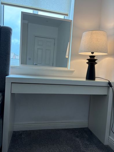 ikea desk , mirror and lamp