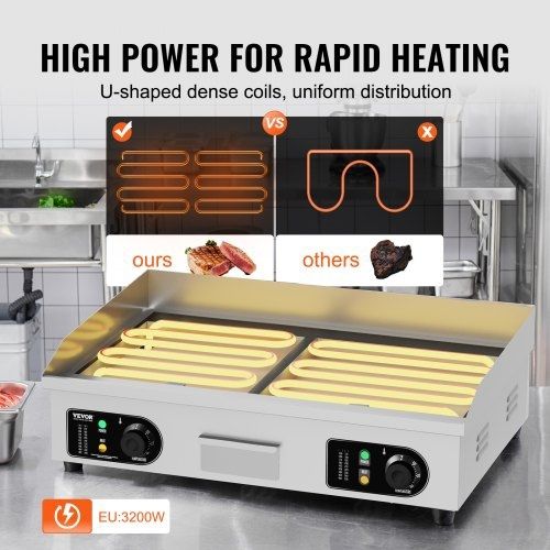 Commercial Electric Griddle, 4400W Countertop Half-Flat Top Grill, 122F-572F Adjustable Temp, 28.74x15.75x0.39in Stainless Steel