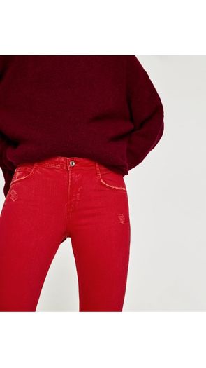 Zara destroyed ripped raw hem red skinny jeans size 6 BNWT