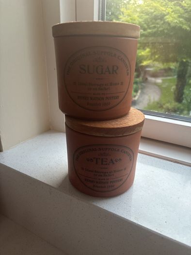 RESERVED- Vintage Henry Watson The Original Suffolk Canister Sugar and Tea Terracotta Storage Jars with wooden pull off lid