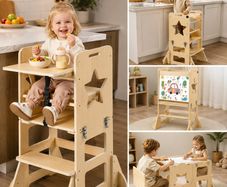 Toddler Tower, Wooden, 6 in 1 Kitchen Step Stool for Kids 1-5, Montessori Weaning Table and Chair Set