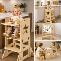 Toddler Tower, Wooden, 6 in 1 Kitchen Step Stool for Kids 1-5, Montessori Weaning Table and Chair Set
