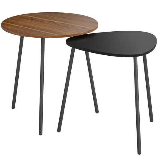 Set of 2 nesting coffee tables, contemporary metal frame side tables, round and triangular, walnut and black