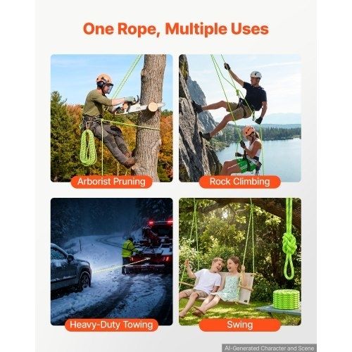 Double Braided Polyester Rope 12.7 mm x 36 m Arborist Rigging Rope, for Tree Work, Heavy Duty 11 Strands, 1678 kg High Breaking Strength, Outdoor Climbing Towing Swing Pulling Cord, Green