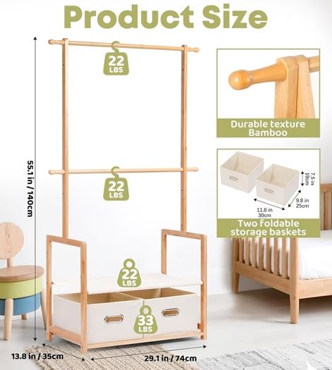 Children's Clothes Rack, with 2 Storage Boxes and 2 Adjustable Hanging Rails, Clothes Rail & Shelf, Children's Room, Children Wardrobe, for Baby Girls Boys Natural Colour