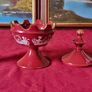 3 Piece Vintage Elegant Italian Fiorentine Lustre Ruby Red Gold Gilt Footed Lidded Compote And Vases Set Image 3