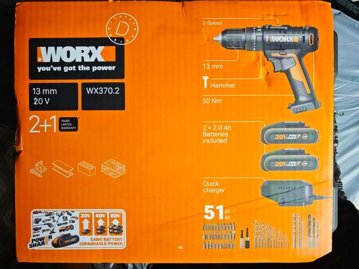 WORX WX370.2 20V Combi Hammer Drill Kit - 2 Batteries + 51pc Set