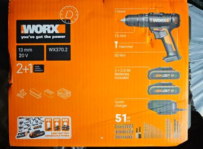 WORX WX370.2 20V Combi Hammer Drill Kit - 2 Batteries + 51pc Set