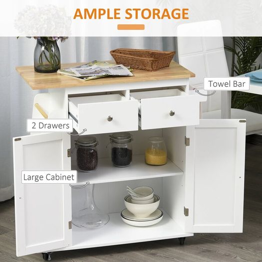 3Tier Spice Rack Rolling Kitchen Island Trolley with Rubber Wood Top, Large Storage Cabinet, Drawers & 3-Tier Spice Rack