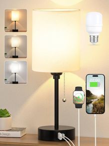 NEW SALE | Bedside Lamps, Table Lamp with USB C+A Ports, 3 Color Temperatures - Lamp with Pull Chain Switch White Linen Shade, Small Bedroom Lamp