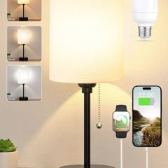 NEW SALE | Bedside Lamps, Table Lamp with USB C+A Ports, 3 Color Temperatures - Lamp with Pull Chain Switch White Linen Shade, Small Bedroom Lamp