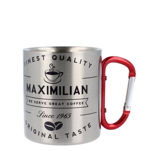 300ml Stainless Steel Personalised Mug with Red Carabiner Handle