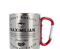 300ml Stainless Steel Personalised Mug with Red Carabiner Handle