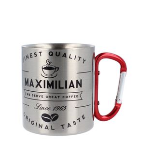 300ml Stainless Steel Personalised Mug with Red Carabiner Handle
